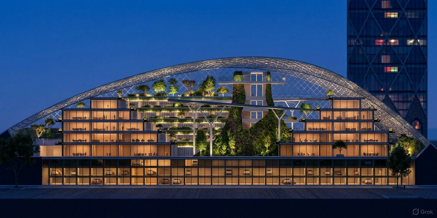 Glass greenhouse dome with tiered office floors and internal vertical garden